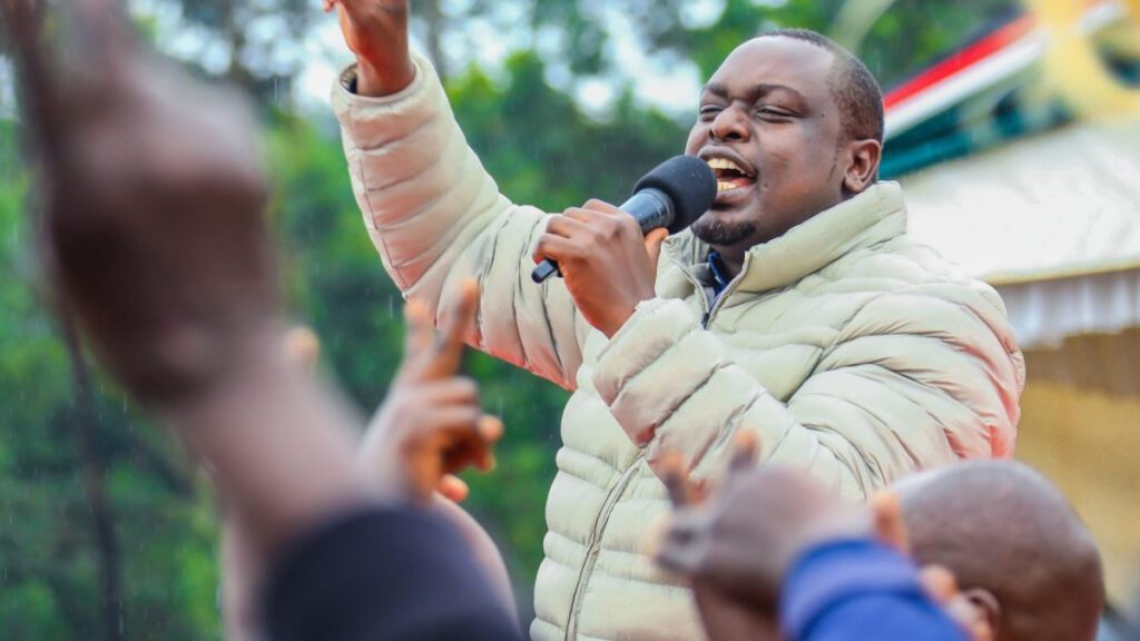 UDA Treasurer Japheth Nyakundi addresses Cherangany residents during an empowerment forum, defending use of funds.