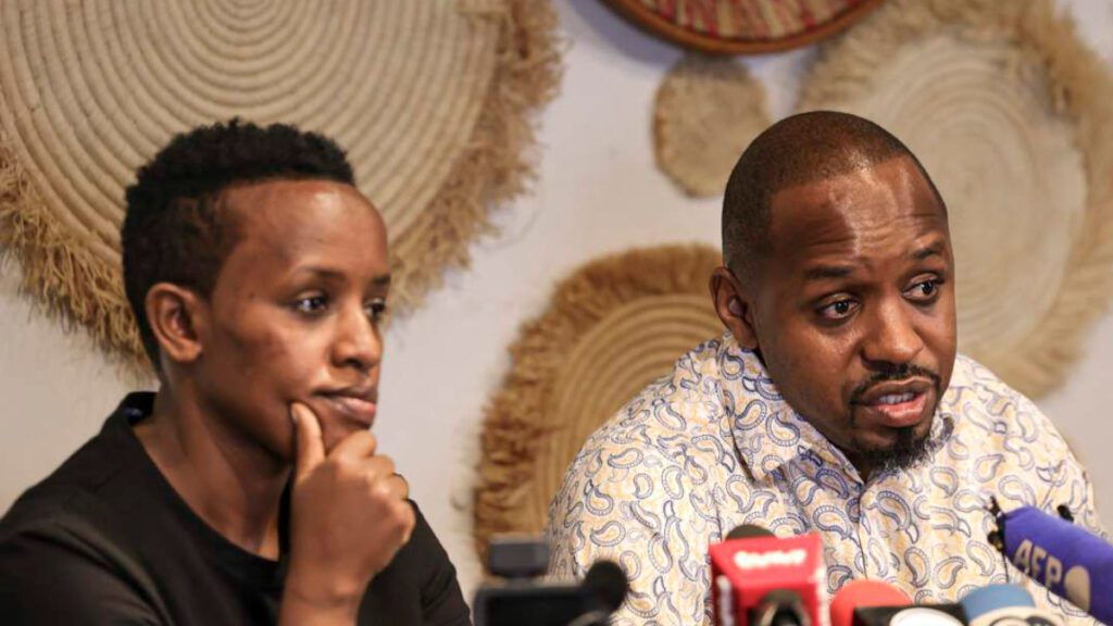 Boniface Mwangi and Agather Atuhaire addressing the media