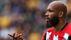 Bryan Mbeumo in Brentford shirt during Premier League match
