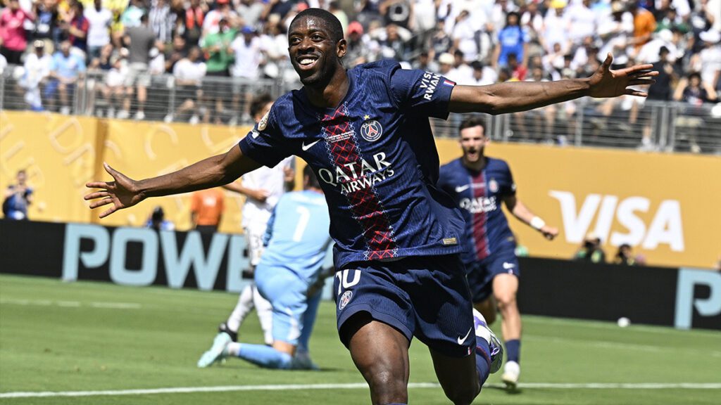 Ousmane Dembélé celebrates after scoring in PSG vs Real Madrid Club World Cup semi-final