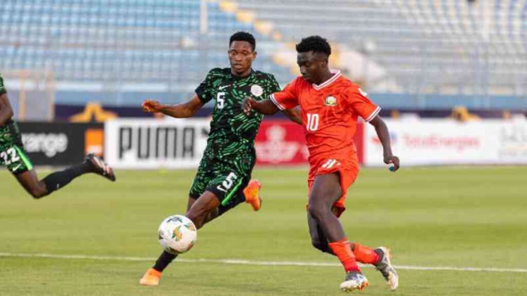 Kenya U20 midfielder Aldrine Kibet (right) in past action against Nigeria.