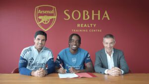 Noni Madueke in Arsenal colours after signing with the club.