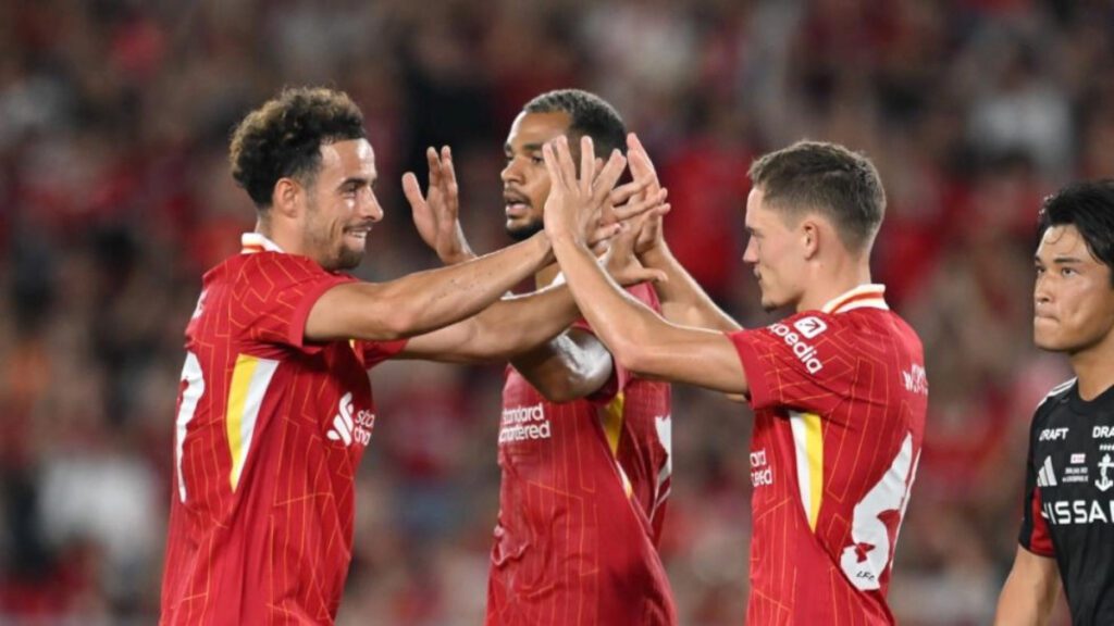 Florian Wirtz celebrates his first Liverpool goal against Yokohama