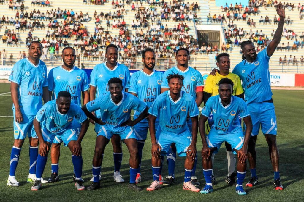 African football legends Adebayor, Eto’o, and Okocha playing in Mogadishu exhibition match