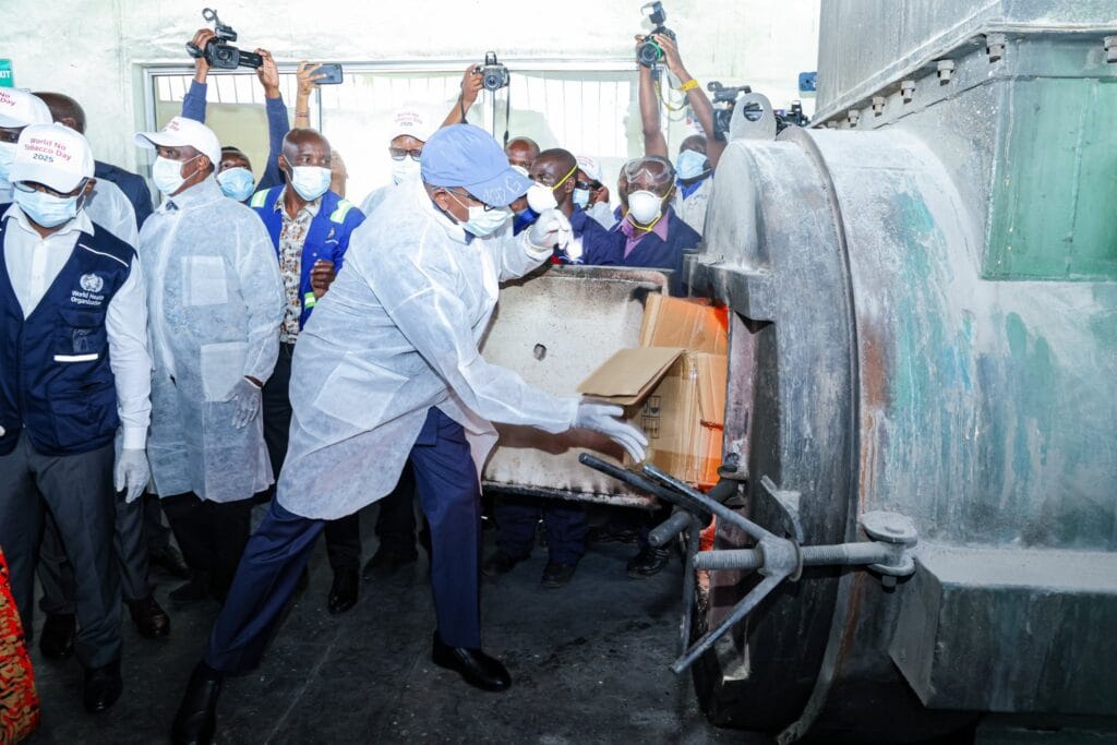 CS Aden Duale at Moi Teaching and Referral Hospital overseeing destruction of seized tobacco and vape products
