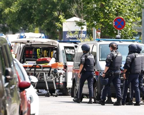 Emergency responders at the scene of the Austrian school shooting in Graz