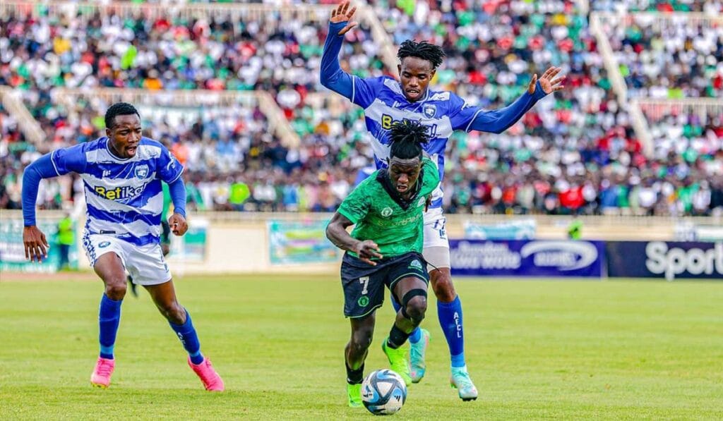 Gor Mahia and AFC Leopards players in action during the Mashemeji Derby 2025 at Raila Odinga Stadium