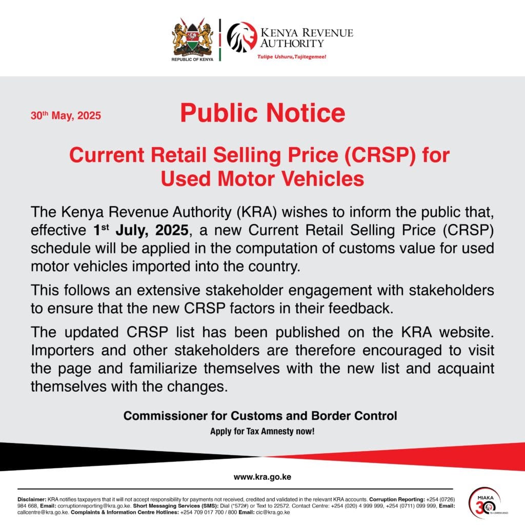 KRA public notice on CRSP update for imported used motor vehicles effective July 2025