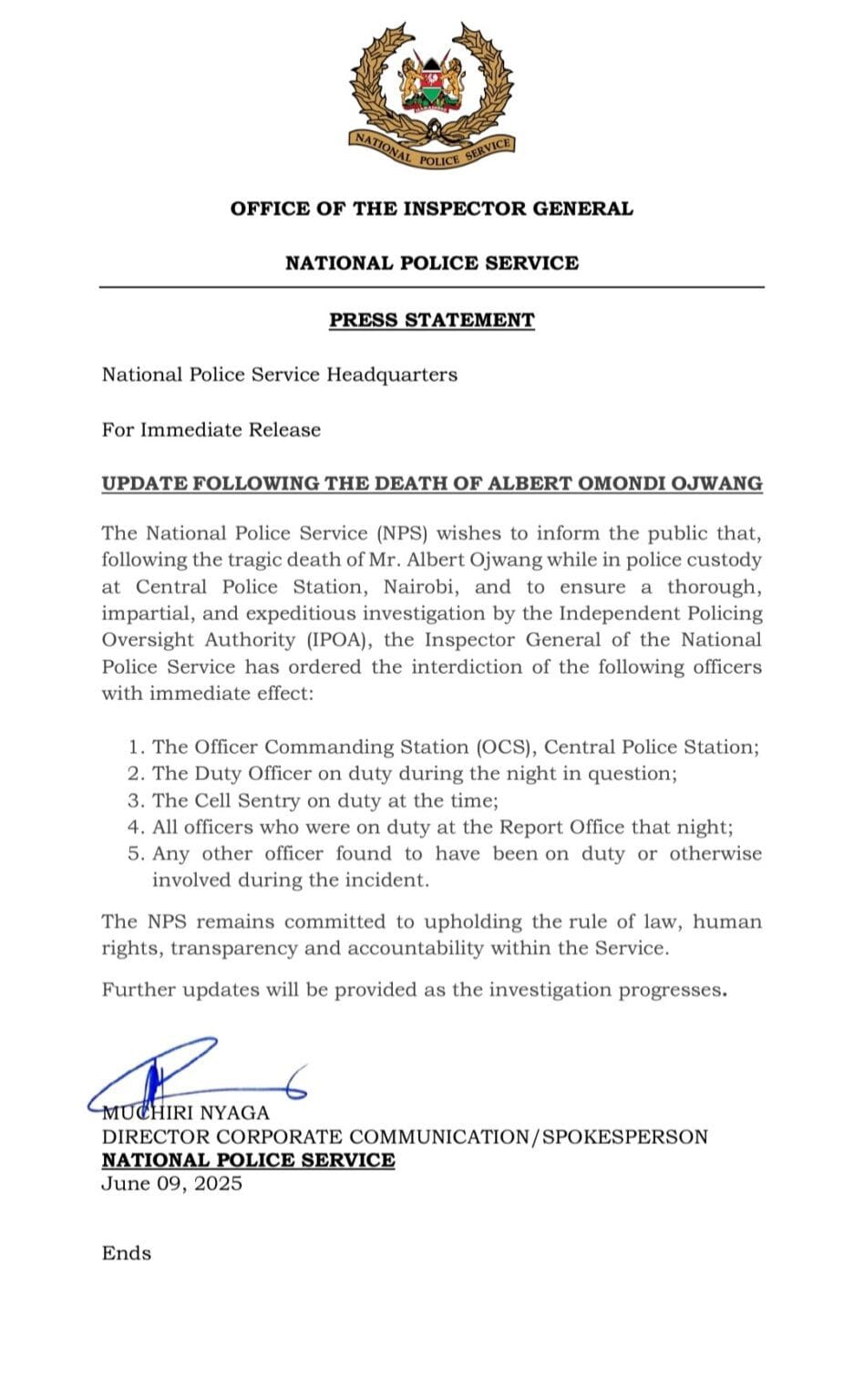 National Police Service press statement update following the death of Albert Omondi Ojwang in police custody.