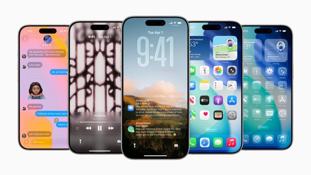 iPhone displaying iOS 26 Liquid Glass home screen and other new features